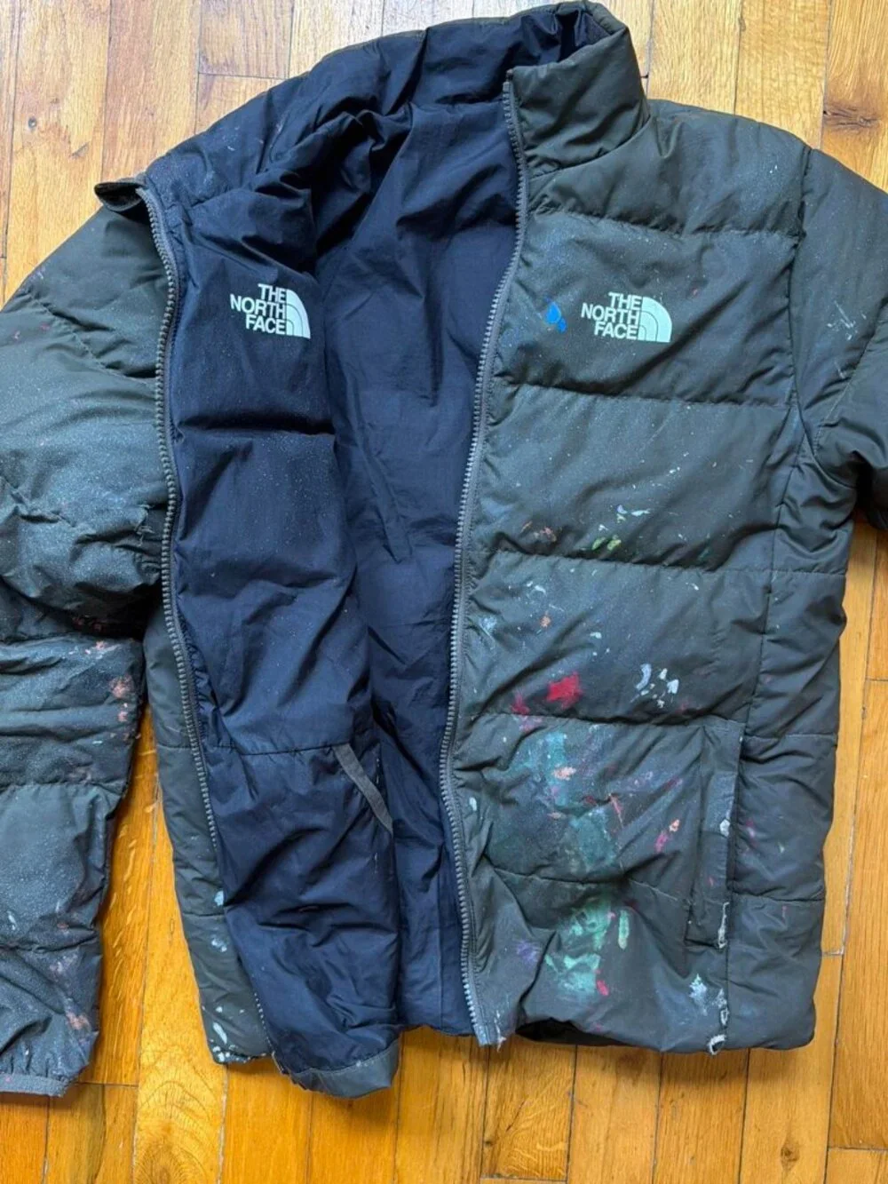 The North Face reversible olive green/black jacket with graffiti, small